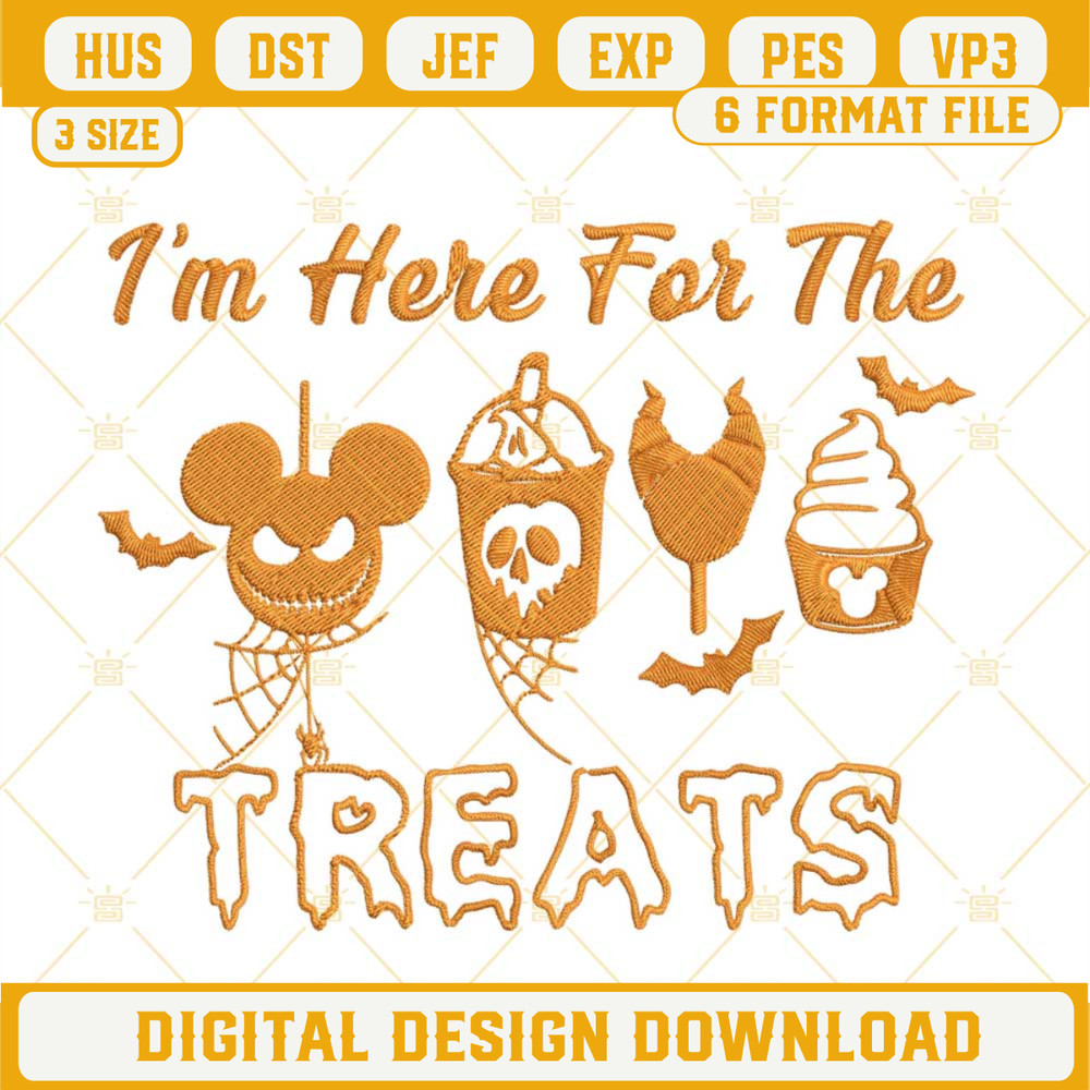 I'm Here For The Treats Halloween Embroidery Designs, Disney Halloween Snacks Embroidery Pattern.jpg