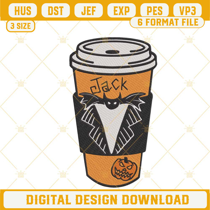 Jack Skellington Coffee Cup Embroidery Designs, Halloween Coffee Embroidery Files.jpg