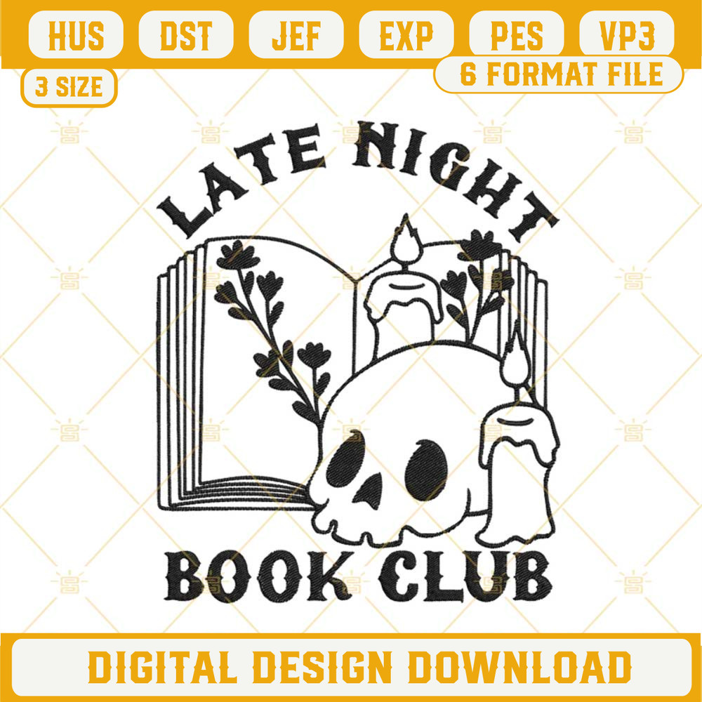 Late Night Book Club Embroidery Designs, Books And Skull Embroidery Files.jpg