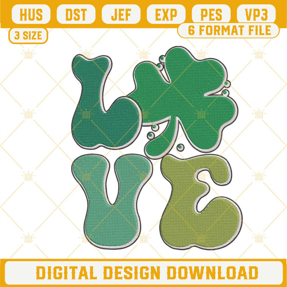 Love Shamrock Embroidery File, Retro St Patricks Embroidery Design.jpg