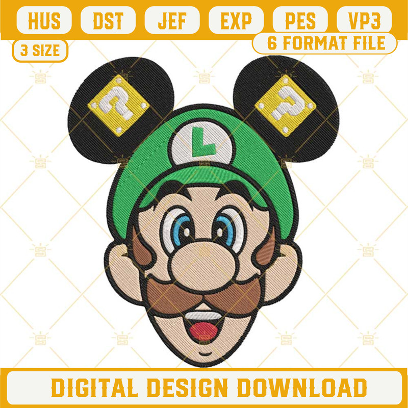 Luigi Mickey Ears Embroidery Files, Super Mario Brothers Embroidery Designs.jpg