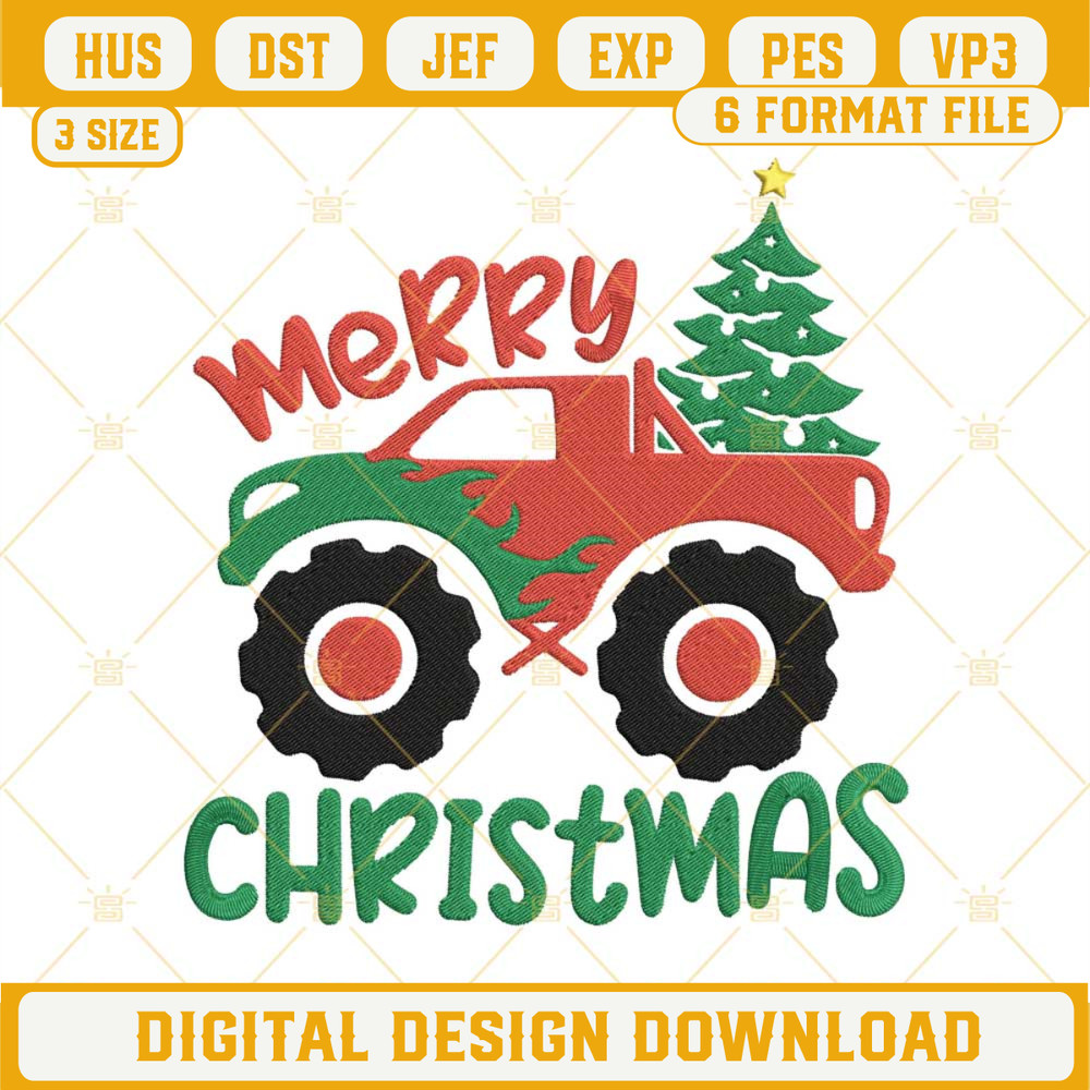 Merry Christmas Monster Truck Machine Embroidery Design File.jpg