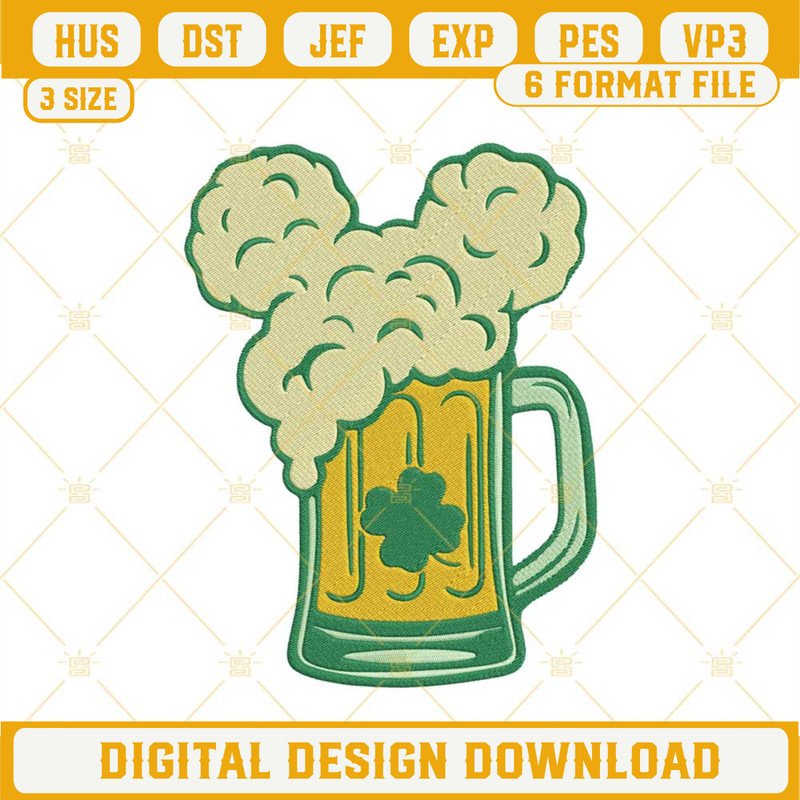 Mickey Ears Shamrock Beer Mug Embroidery Design, St Patricks Day Drinks Embroidery File.jpg