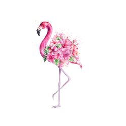 watercolor pink flamingo with tropical flowers svg, flower svg, pink flamingo svg, tropical flowers svg, birthday gift s