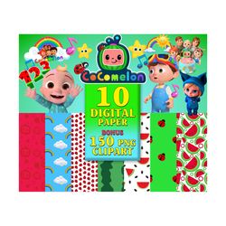 10 cocomelon digital paper clipart, watermelon rainbow, cocomelon font, cocomelon family, cocomelon characters png