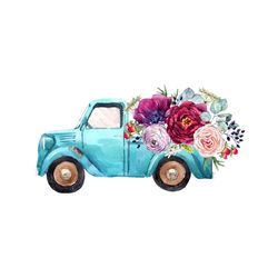 watercolor illustration blue pickup flowers peony svg, flower svg, flower truck svg, blue truck svg, peony svg, birthday
