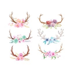 set hand painted watercolor flowers leaves stock illustration bundle svg, flower svg, horns deer svg, boho rustic svg, b