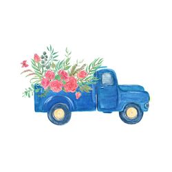 watercolor painting vintage truck flowers svg, flower svg, flower truck svg, blue truck svg, peony svg, vintage truck sv
