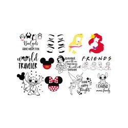 disney character bundle svg, disney svg, princess svg, ariel svg, white snow svg, stitch svg, minnie mouse svg, cute sti