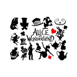 alice in wonderland bundle svg, disney svg, alice svg, heart svg, cheshire svg, hat svg, rabbit svg, cute animal svg, fu