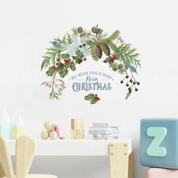Home Decoration Wallpaper New Year Door Sticker, Merry Christmas Green Plants Wall Stickers Christmas Living Room