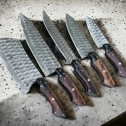 damascus steel handmade kitchen chef knives set 5 pcs. christmas gift, gift for her, him