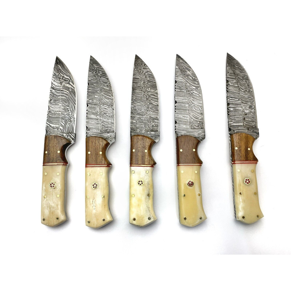 Lot Of 5 Damascus Steel Hunting Skinners Knives With Bone Handle Christmas Gift Gift For Herhim 0
