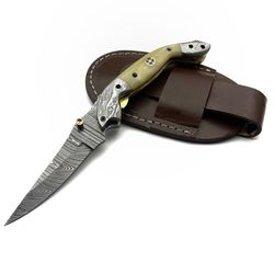damascus steel pocket folding knife, handmade folding knife with leather sheath christmas knife gift for her/him