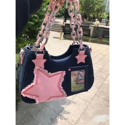 Y2k Star Chain Underarm Bag New Fashion Cool Dark Harajuku Style Denim Bag Pink Women's Bag Tote Bag Purses Handbags Bag