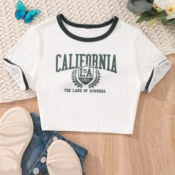 Girls Clothes Summer Short Sleeve Round Neck Contrast English Alphabet Printed T-shirt Navel Exposed Clothing