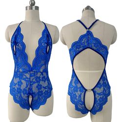 Sexy Crotchless Blue Lingerie Women Lace Hollow Bodysuit Erotic Pajamas Teddy Babydoll Dress Deep V Open Bra Porn Underw