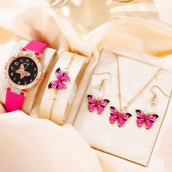 5PCS Set Womens Fashion Quartz Watch Female Clock Rose Red Butterfly Luxury Brand Design Women Watches Simple Ladies Wri