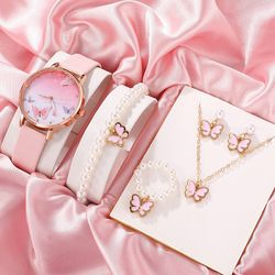 6PCS Set Women Fashion Quartz Watch Female Clock Pink Butterfly Dial Luxury Brand Design Ladies Leather Wrist Watch Mont