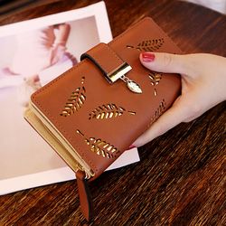Fashion PU Leather Wallet Purse Women Long Wallet Gold Hollow Leaves Pouch Handbag For Women Coin Purse Card Holders Clu
