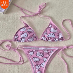 2Pcs Sanrio Hello Kitty Bikini Set Cute Cartoon Y2K Summer Beach Soft Side Strappy Panties Sexy Bikini Kawaii Swimsuit