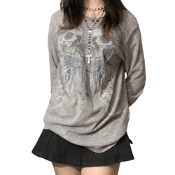 2000s Aesthetic Retro T Shirt E Girl Gothic Skulls Cross Graphic Grunge Long Sleeve Tops Y2K Vintage Mall Goth Fairycore