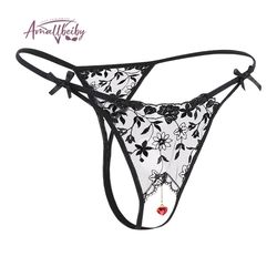 Pearl Pendant Open Thongs Women Underwear Crotchless Embroidery G String Tanga Briefs Lace Transparent Sexy Lingerie