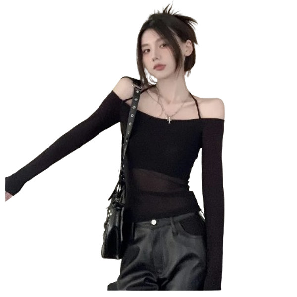 Long Sleeve Top Womens Halter 2023 Casual Tee Shirt Korean Trendy Off Shoulder T Shirts Femme Y2k Crop Top Streetwear Party Club (4).png