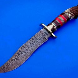 Custom Handmade Damascus Steel Bowie Dagger Kukri Hunting Knife With Stag Crown,