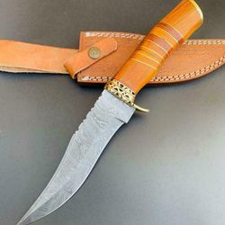 Custom Handmade Damascus Steel Hunting Bowie Knife With Wood Handle,
