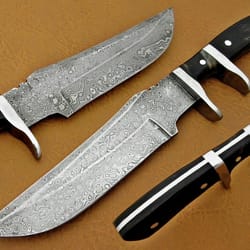 custom handmade damascus steel hunting knife with sheath buffalo horn handle,