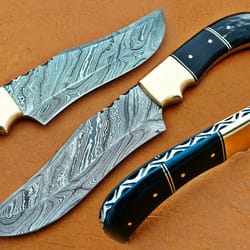 custom handmade damascus steel hunting knife buffalo horn sheath,