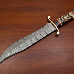 Custom Handmade Forged Damascus Blade Bowie Knife,Fixed Blade Knife Burn Camel Bone