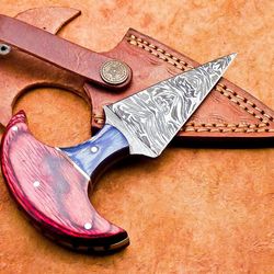 custom handmade forged damascus steel skinning camping knife, hard wood handle,