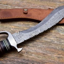 Custom Handmade Damascus Steel Kukri Hunting Knife with Leather Sheath,