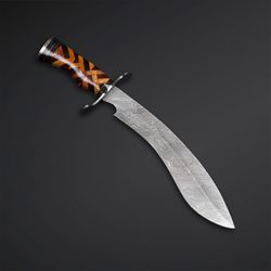 custom handmade damascus steel hunting bowie knife with leather sheath,