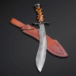 custom handmade damascus steel hunting bowie knife with leather sheath,