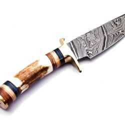 custom handmade damascus steel hunting bowie knife with leather sheath