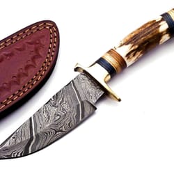 custom handmade damascus steel hunting bowie knife with leather sheath