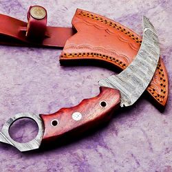 custom handmade damascus karambit hunting knife handle hard wood,