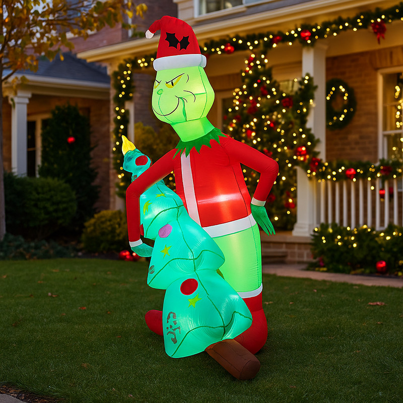 Grinch Holding Christmas Tree Inflatable Model With LED Lights Holiday Decor Outdoor Home Yard Part 1
