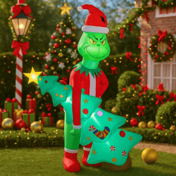 grinch holding christmas tree inflatable model with led lights holiday decor, outdoor home yard party toy decoration