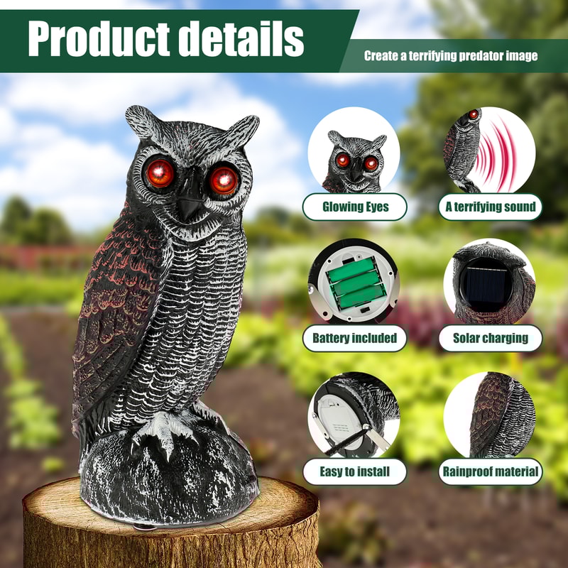 Waterproof Garden Fake Owl Deterrent, New Solar Owl Scare Bird Control, Emits Scary Sound and Eyes Light