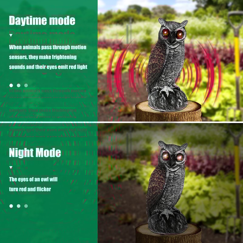 Waterproof Garden Fake Owl Deterrent, New Solar Owl Scare Bird Control, Emits Scary Sound and Eyes Light