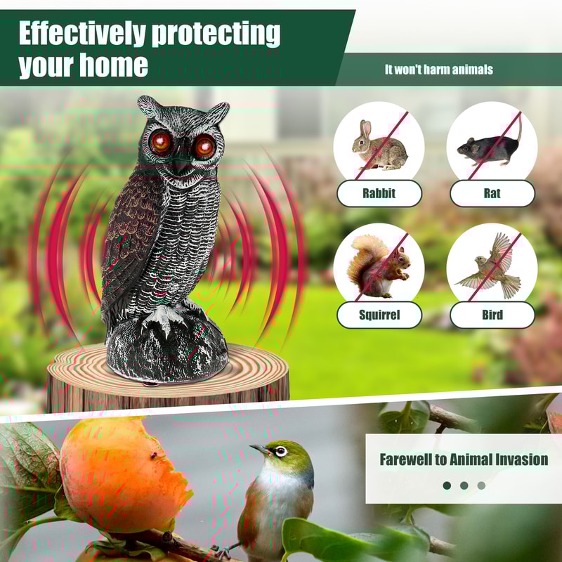 Waterproof Garden Fake Owl Deterrent, New Solar Owl Scare Bird Control, Emits Scary Sound and Eyes Light