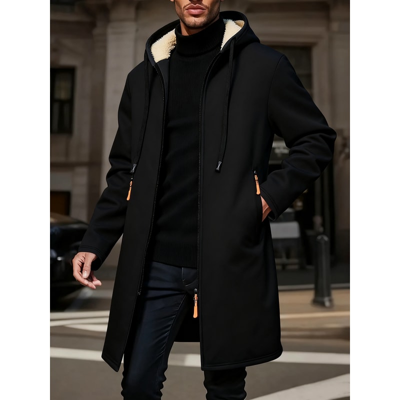 Outdoor Warm Zipper Jacket Winter Men Thickened Hoodies Solid Color Long Sleeve Cardigan Overcoat 2