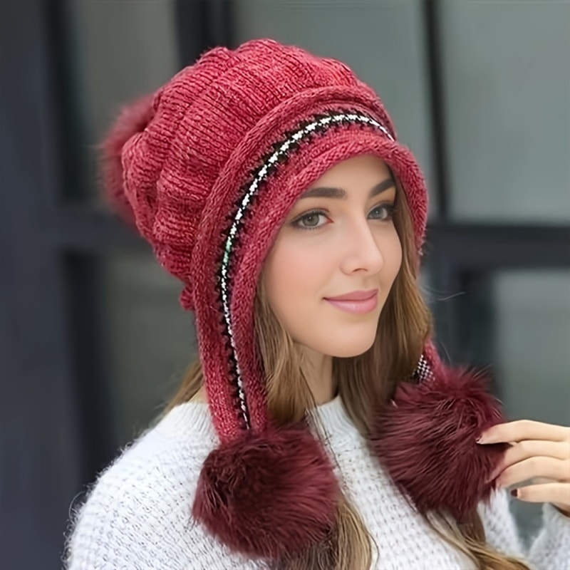 Thick Thermal Cap For Cold Weather Soft Winter Warm Fur Hat Knitted Beanie Casual Slouchy Earflap H 6