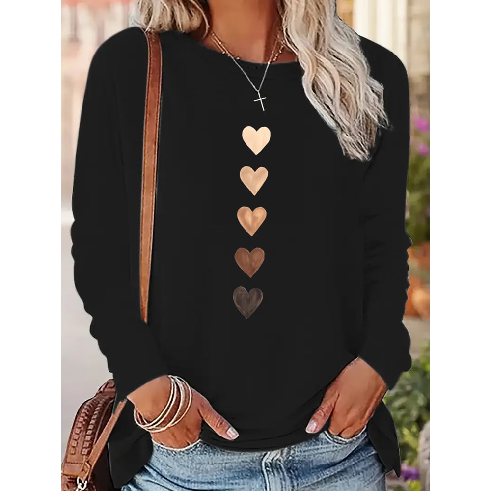 Vintage T Shirt Womens Print Crew Neck Love Heart Long Sleeve Top Casual TShirt 0