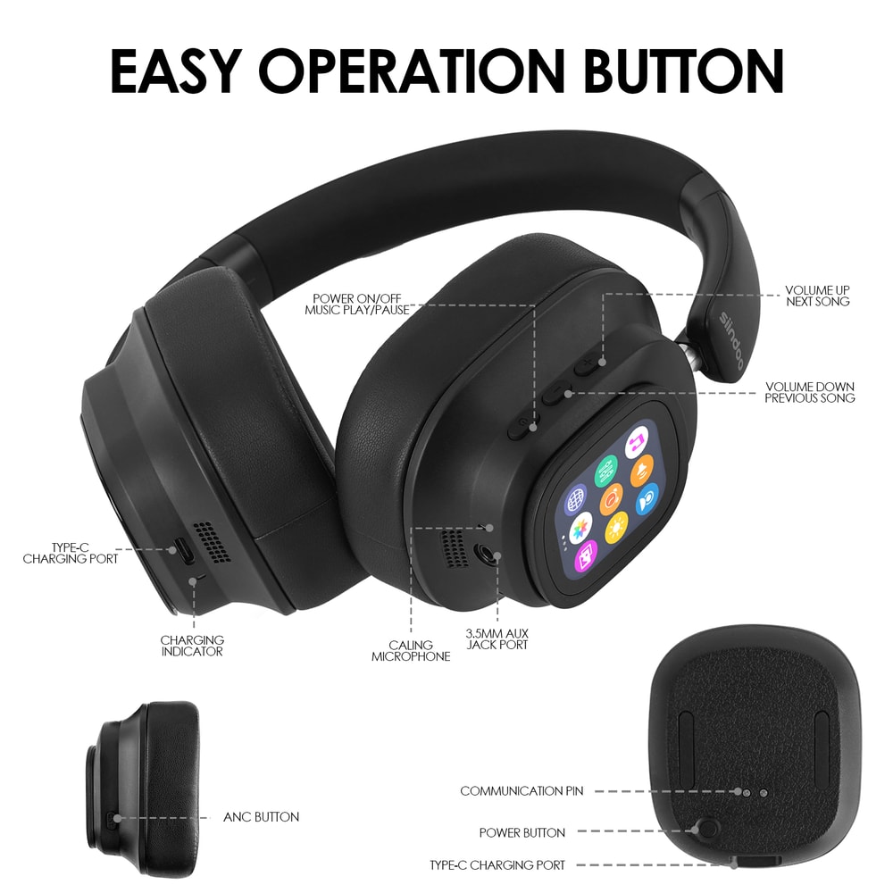 Active Noise Cancelling Headphones Hybrid Wireless Headphone With Touch Control LED Screen 4