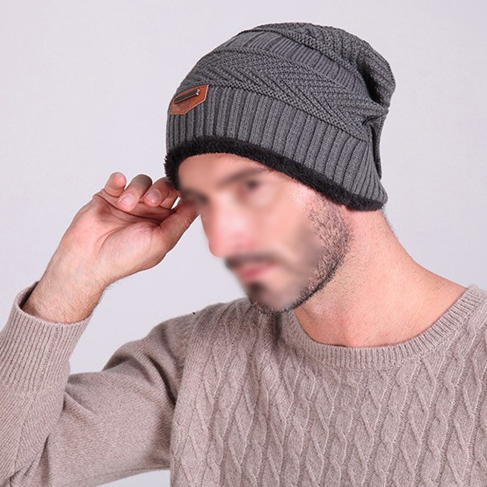 Thick Lined Knit Beanie Winter Outdoor Cap Warm Ear Protection Hat For Men Dark Gray Cycling Hat 0
